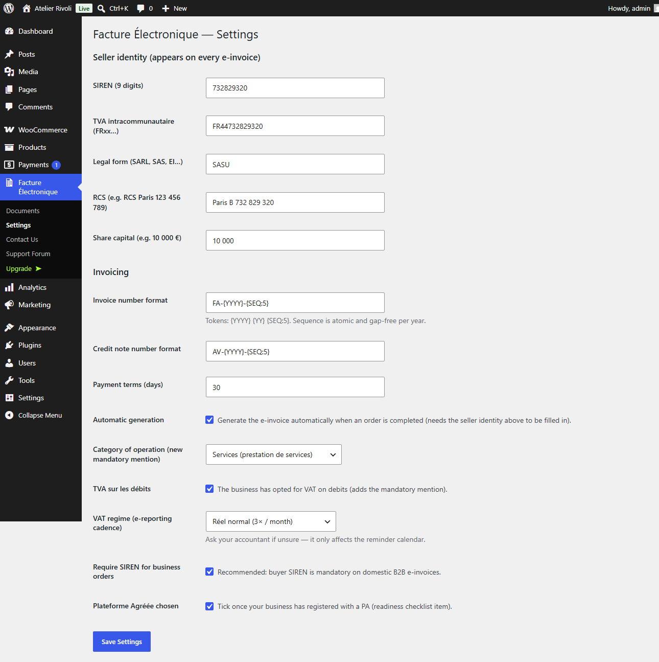 Settings: the seller identity that appears on every e-invoice, invoice and credit-note numbering, payment terms, category of operation and VAT regime.