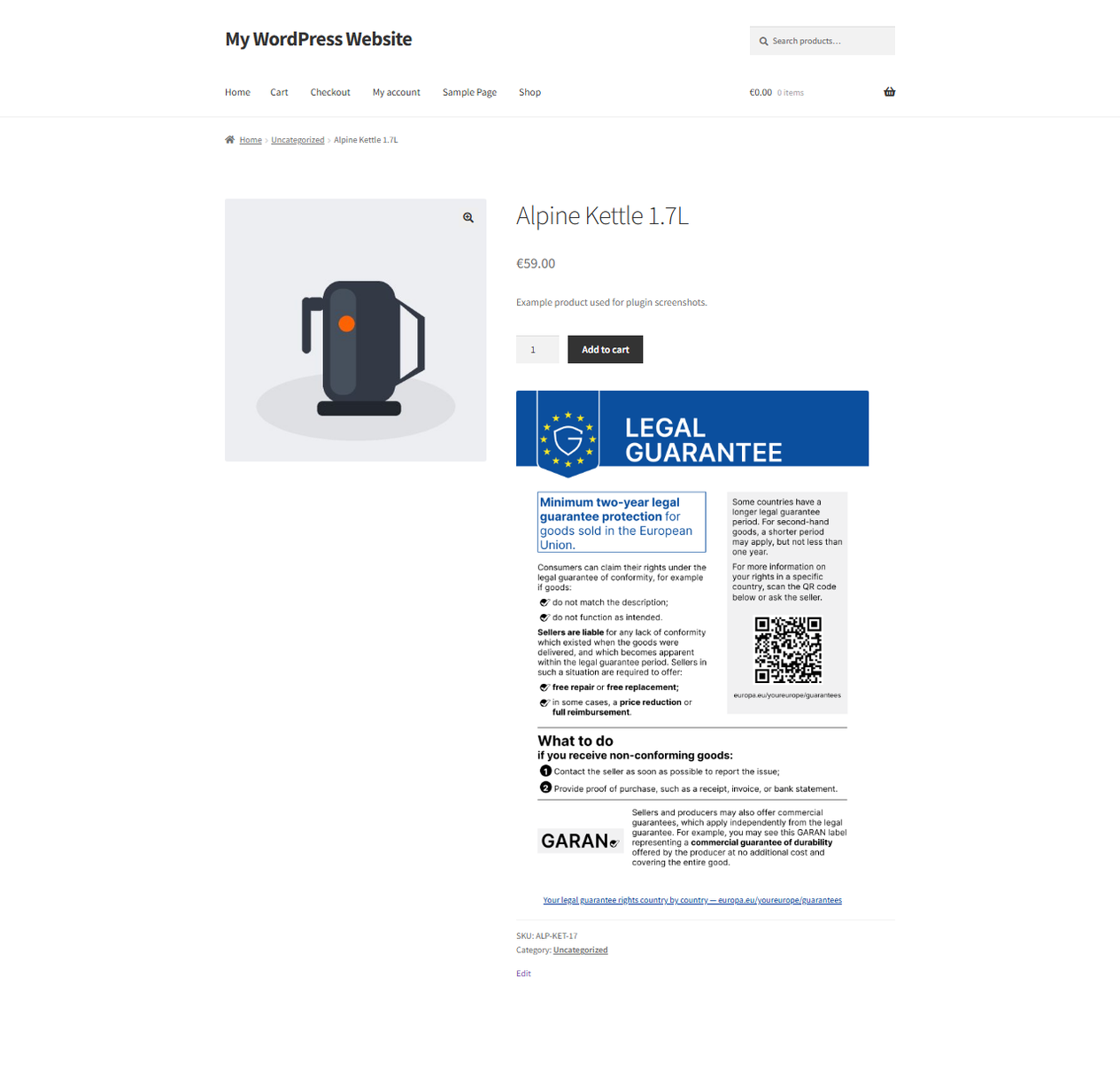 The official EU legal guarantee notice on a WooCommerce product page (official Commission artwork, shown in the shopper's language).