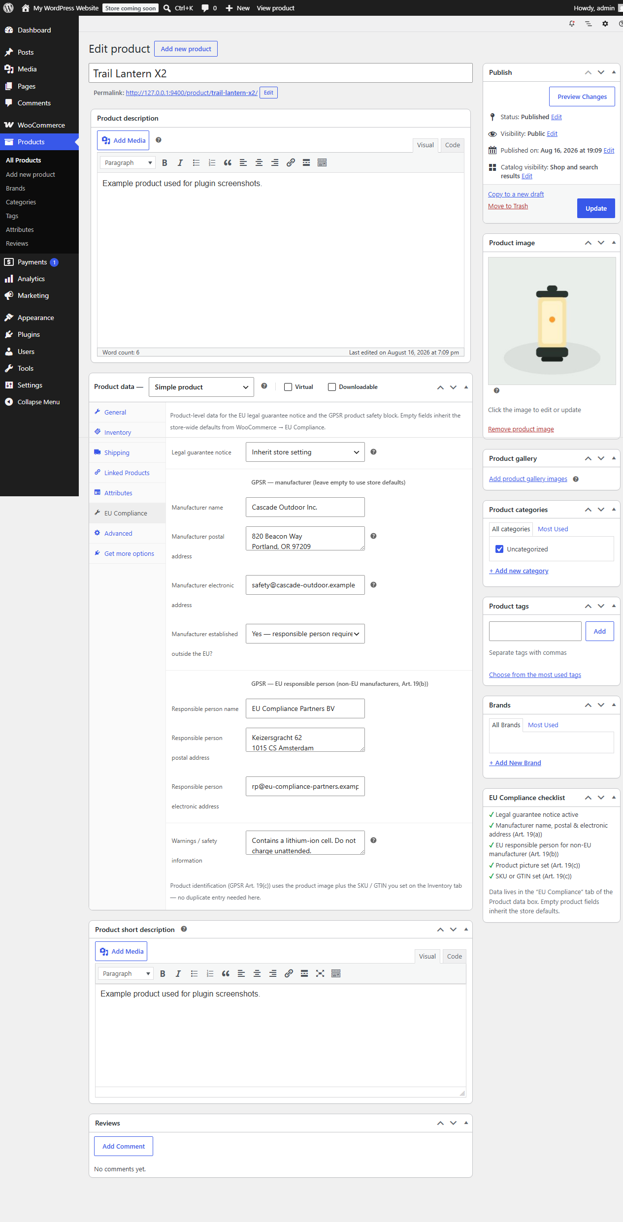 The EU Compliance product tab: GPSR manufacturer fields, responsible person, warnings — with store-default inheritance.