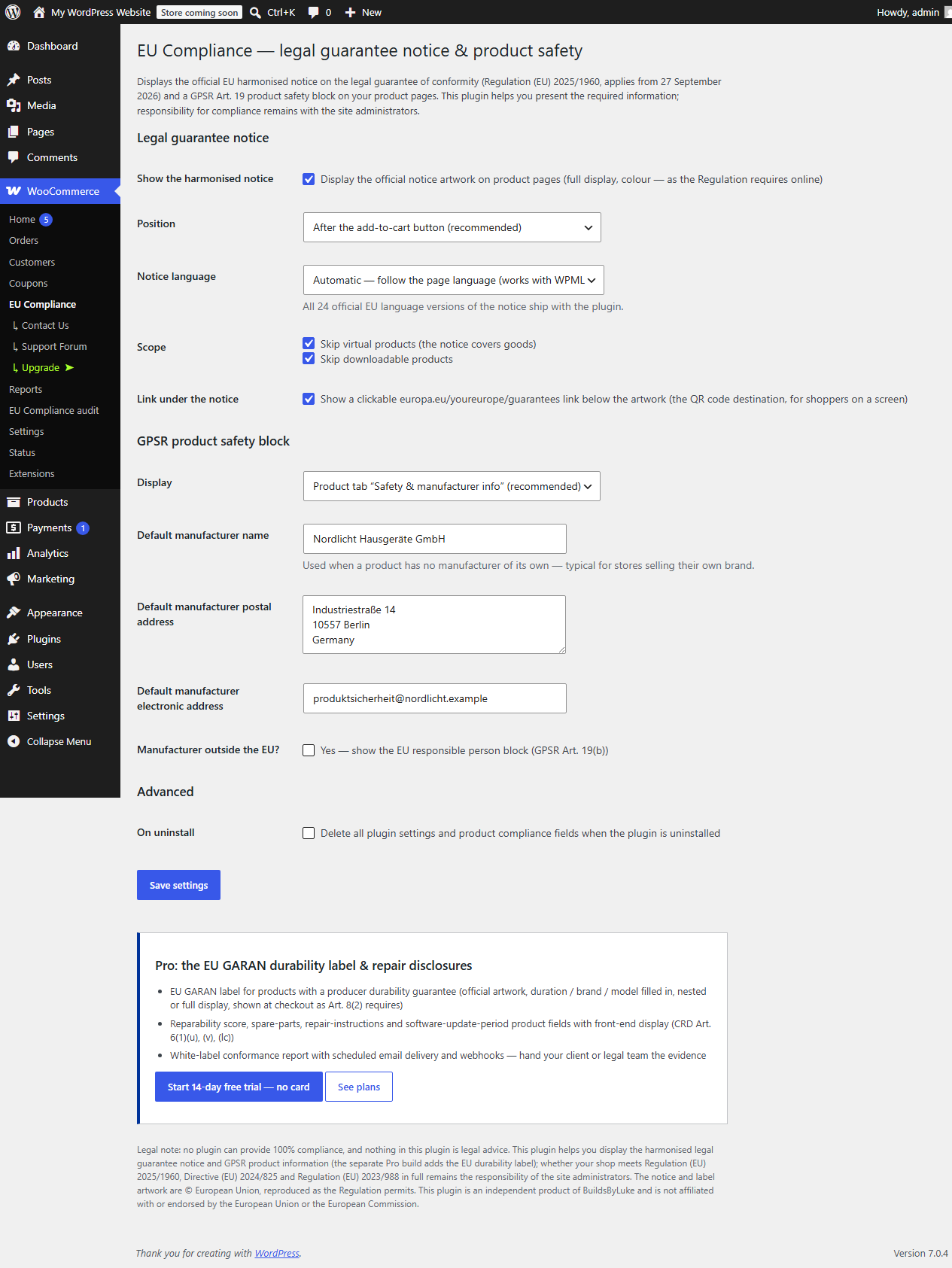 Store-wide settings: notice position and language, GPSR display, manufacturer defaults.