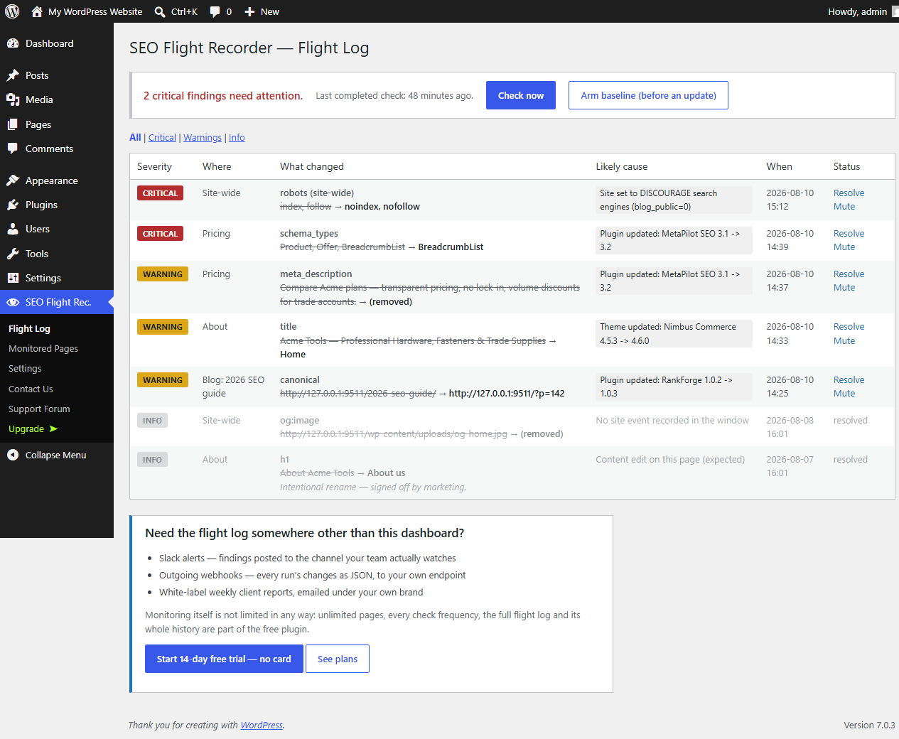 The Flight Log: every SEO-critical change with severity, before → after, and the likely cause