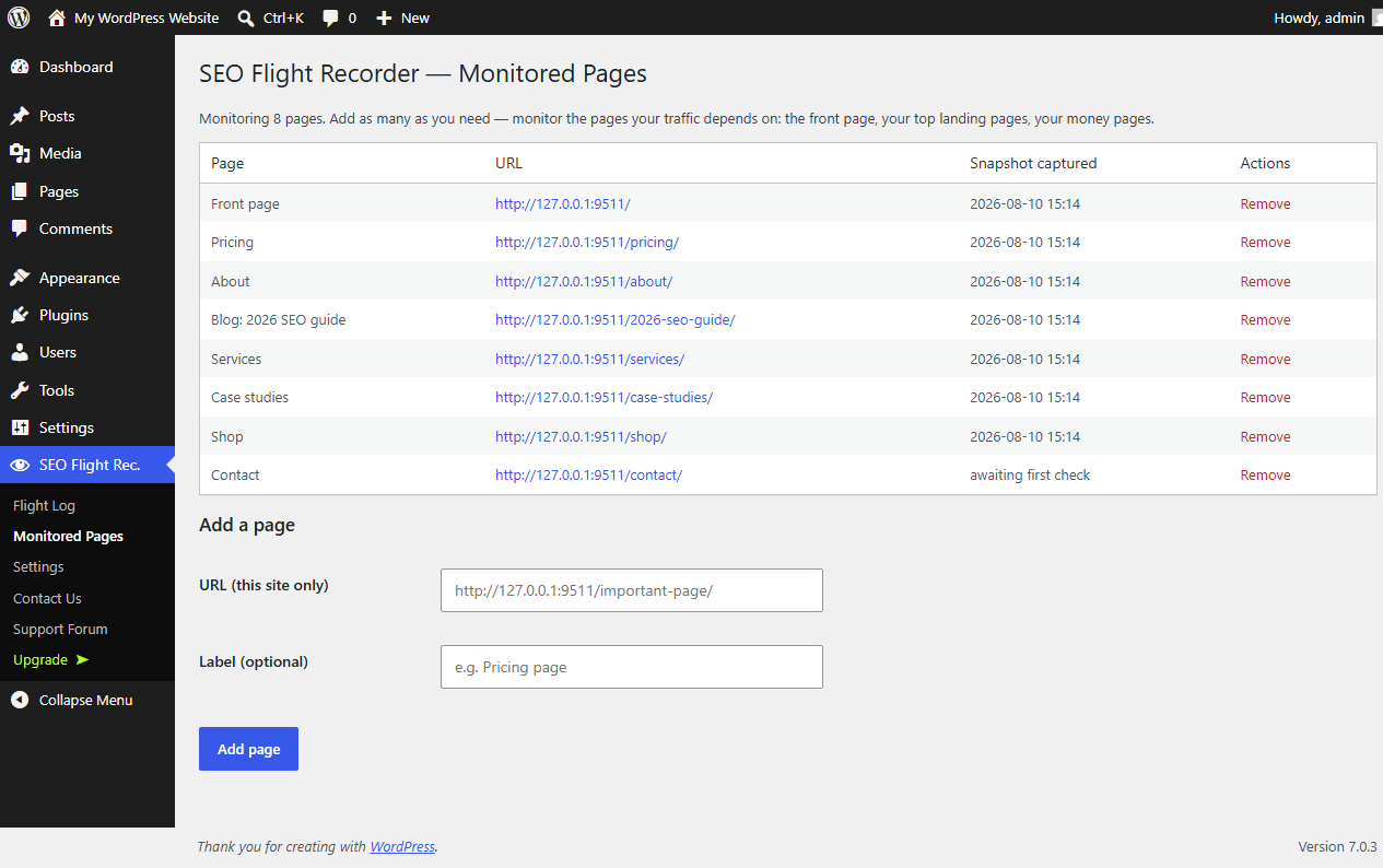 Monitored pages