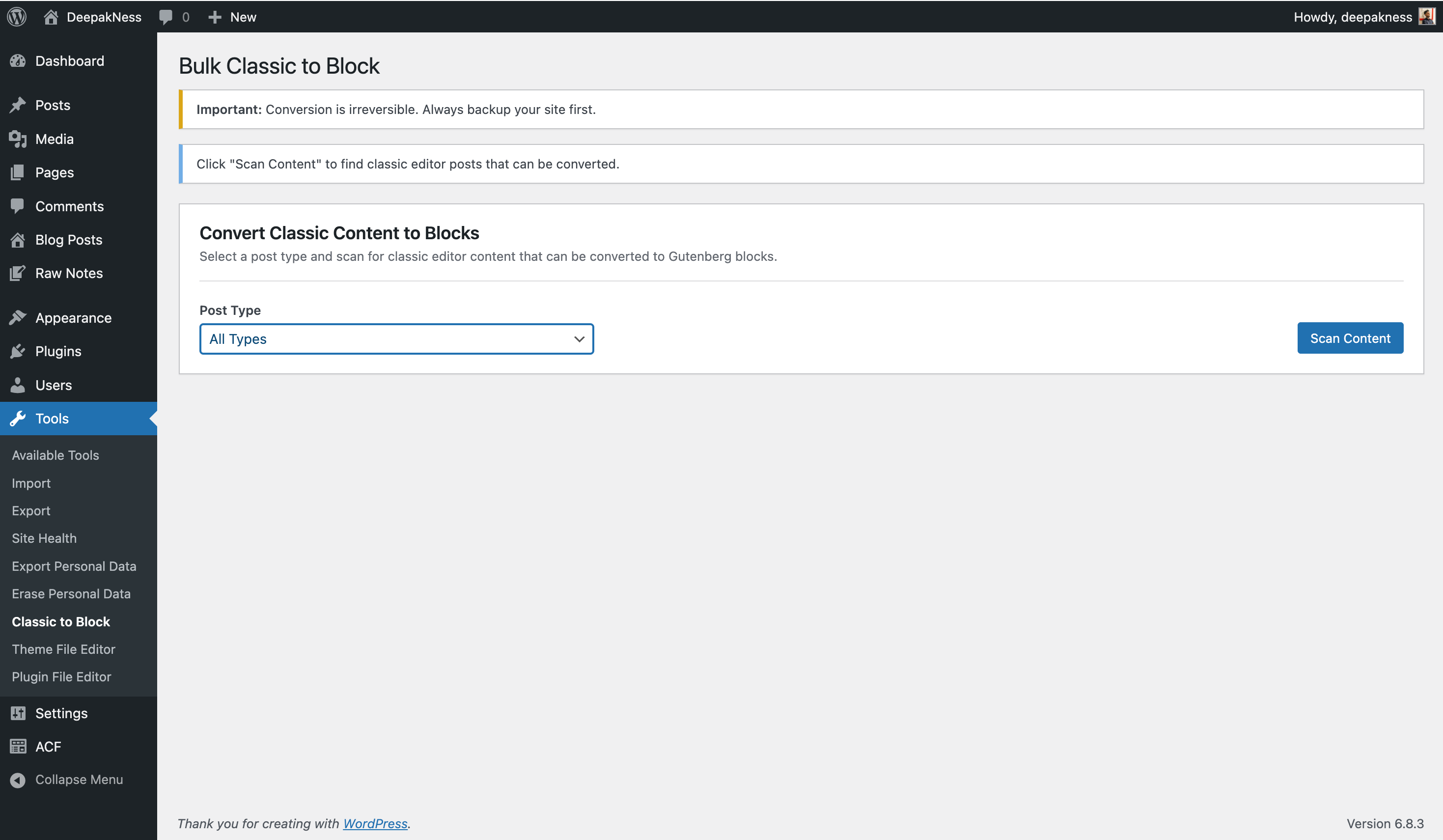 Main conversion interface - Initial screen showing the warning message and conversion controls box with post type selector and "Scan Content" button