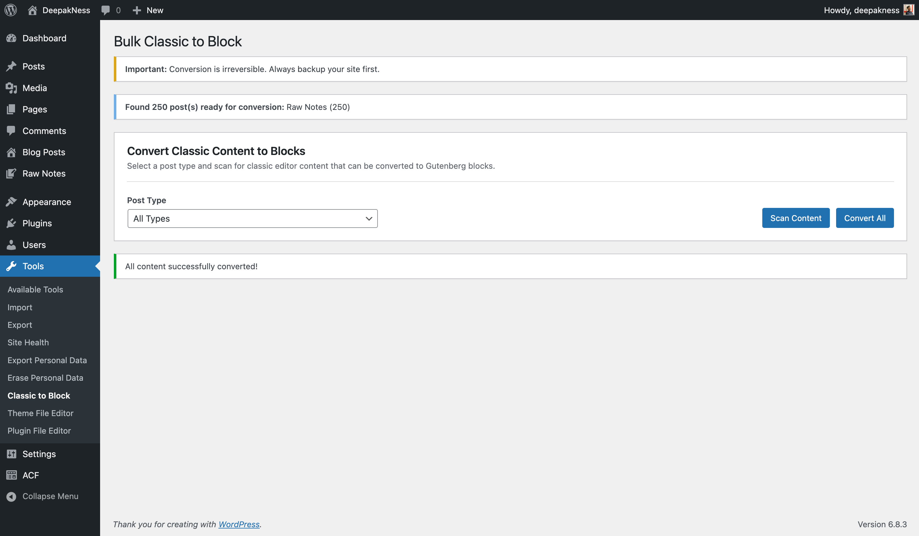 After convert all - Success message confirming that all content has been successfully converted to Gutenberg blocks