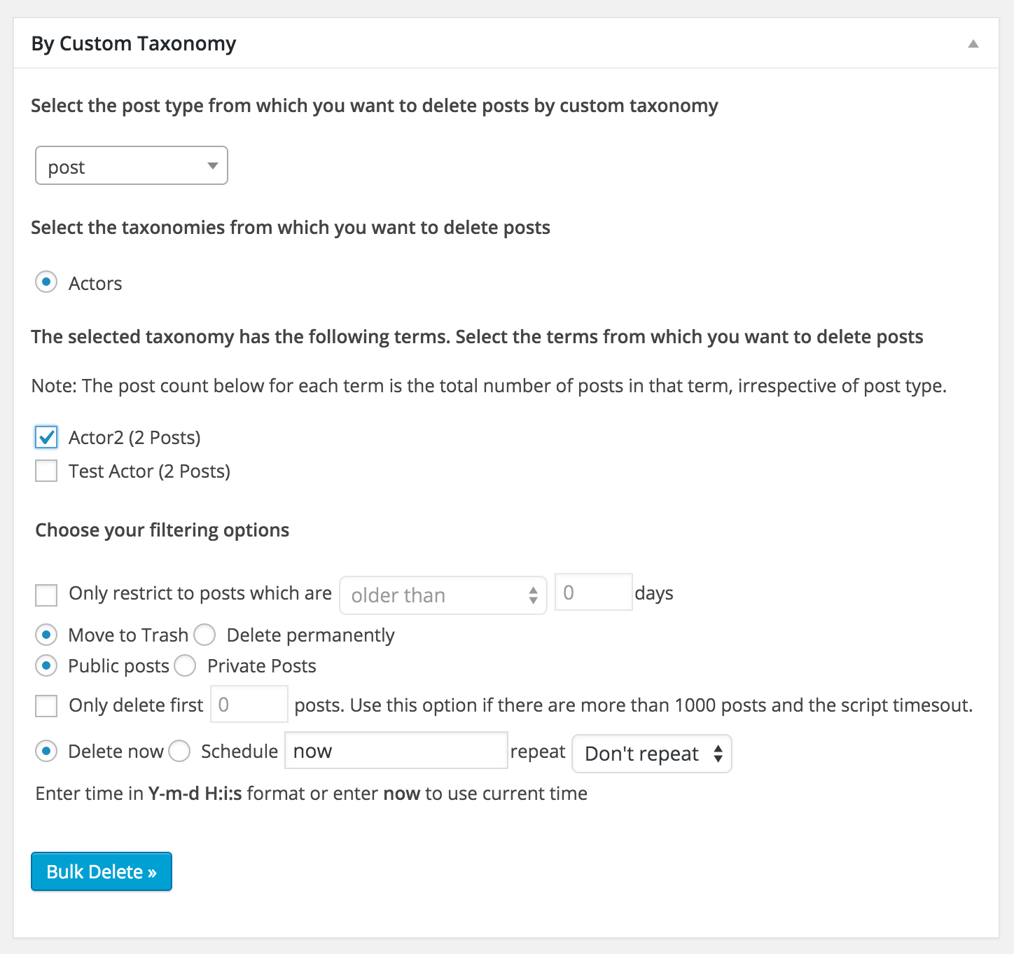 <p>The above screenshot shows how you can delete posts by custom taxonomy. You can choose the post type, taxonomy name and the terms from which you want to delete the posts.</p>