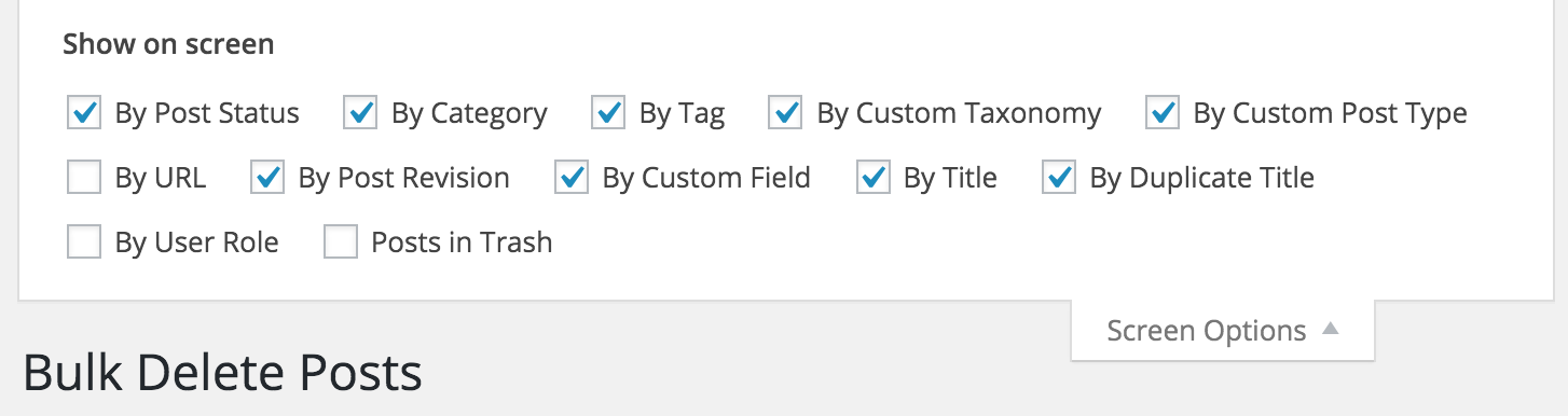 <p>The above screenshot shows how you can enable/disable different sections in the delete posts page of the Plugin. Similarly you can enable different sections in the other pages of the plugin like delete posts, delete pages, delete users, delete meta fields and delete misc.</p>