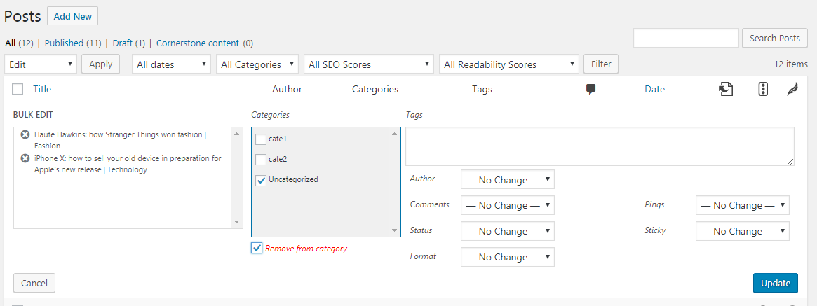Bulk edit posts -&gt; Remove from Category.