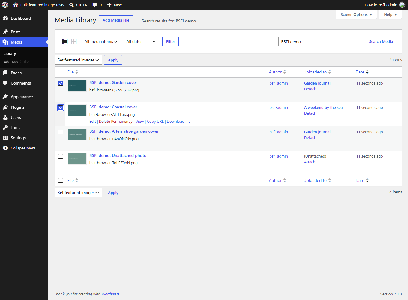 Select one image per attached post in the Media Library's List view, choose