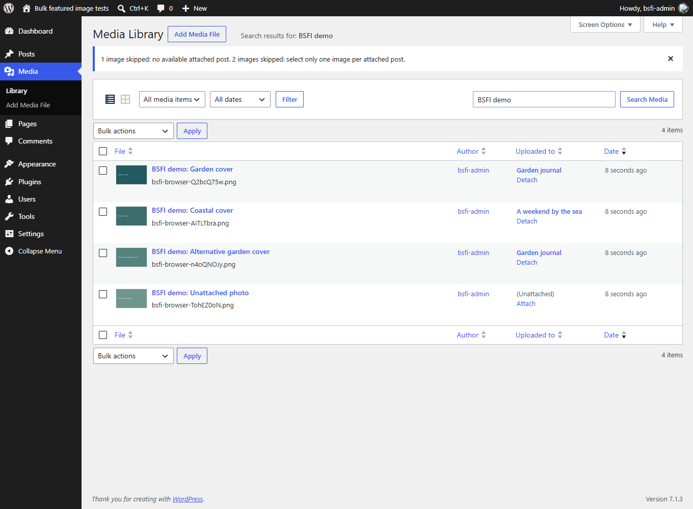 Result notices explain skipped images, including unattached images and multiple selections for the same post.