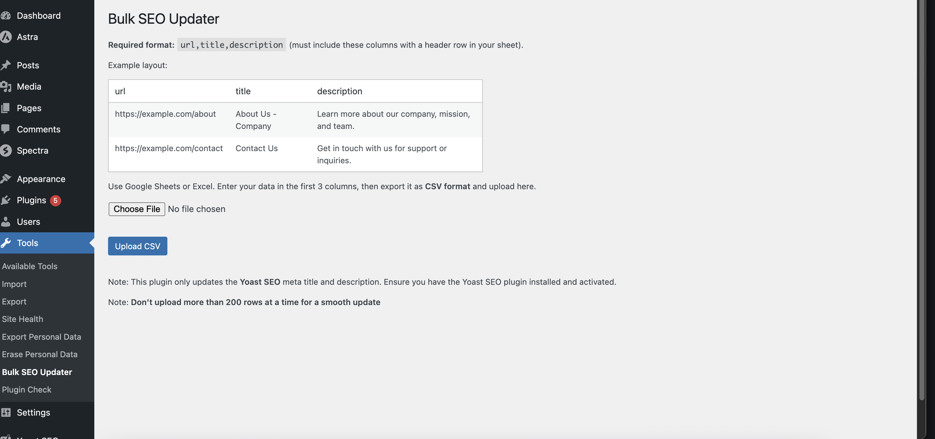 Bulk SEO Updater settings page in the admin panel.