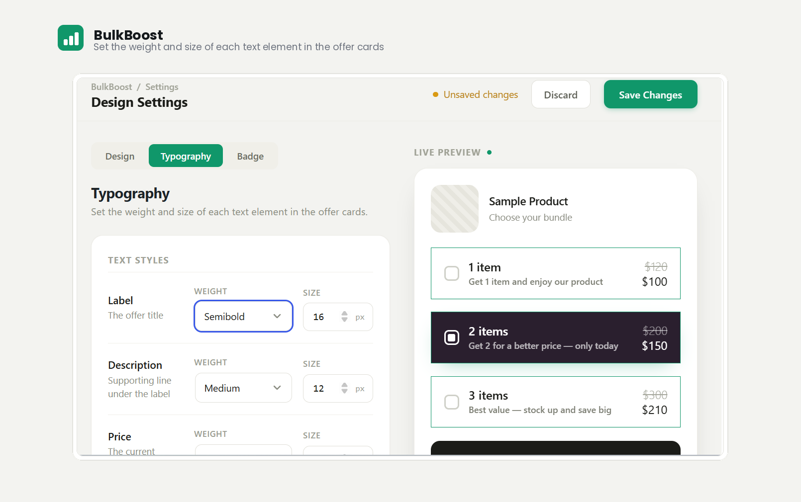 The Design Settings dashboard with the live preview.