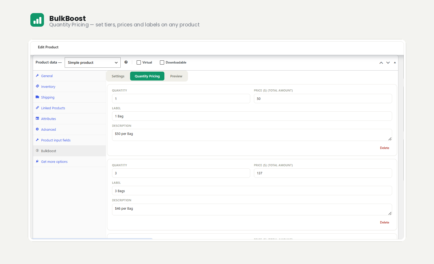 Per-product quantity tier setup in the Product data panel.