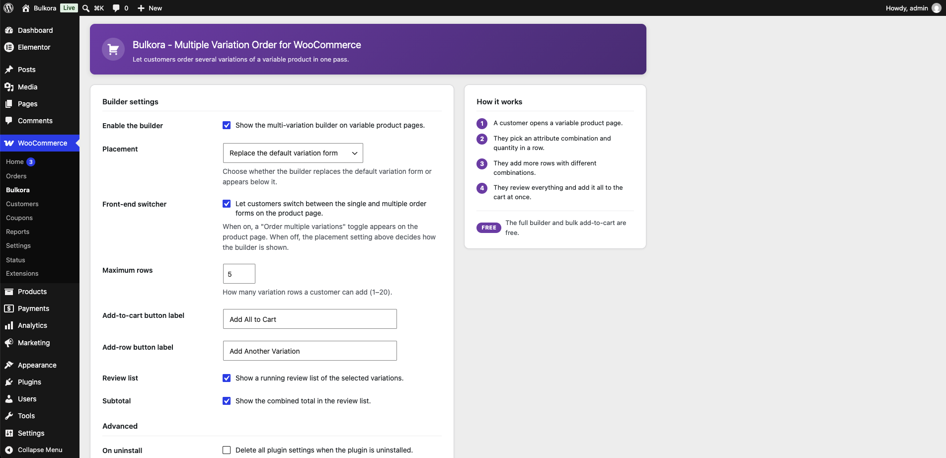 The plugin settings screen.
