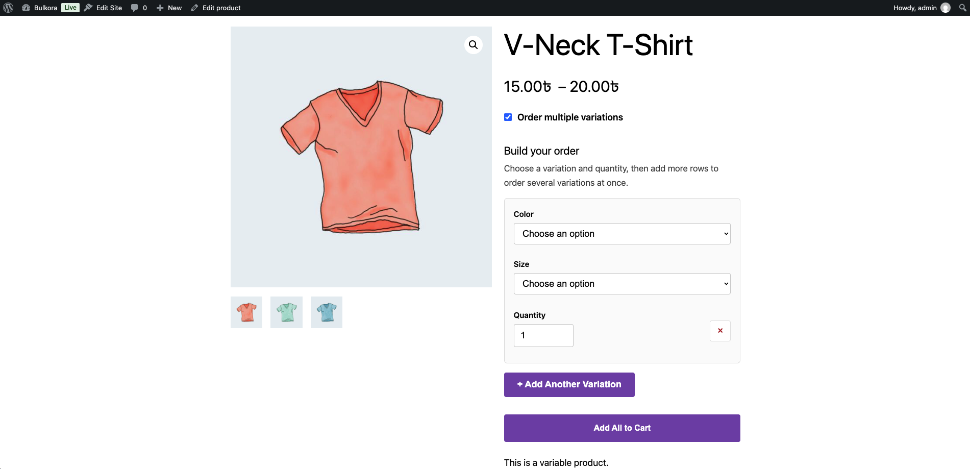 The multi-variation builder on a variable product page, with the "Order multiple variations" switch.