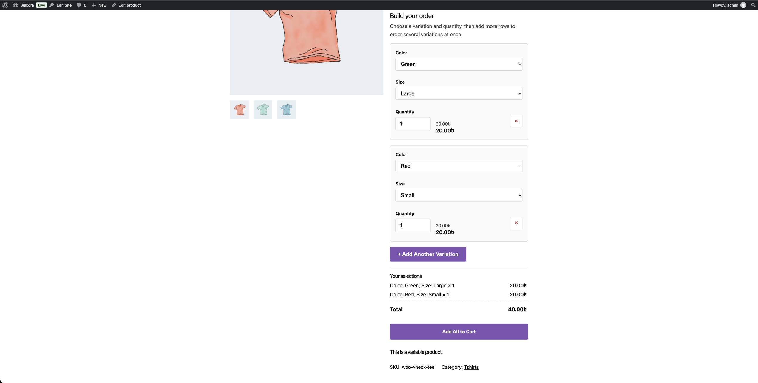 Selecting attributes and a quantity in a row, with its price and subtotal.