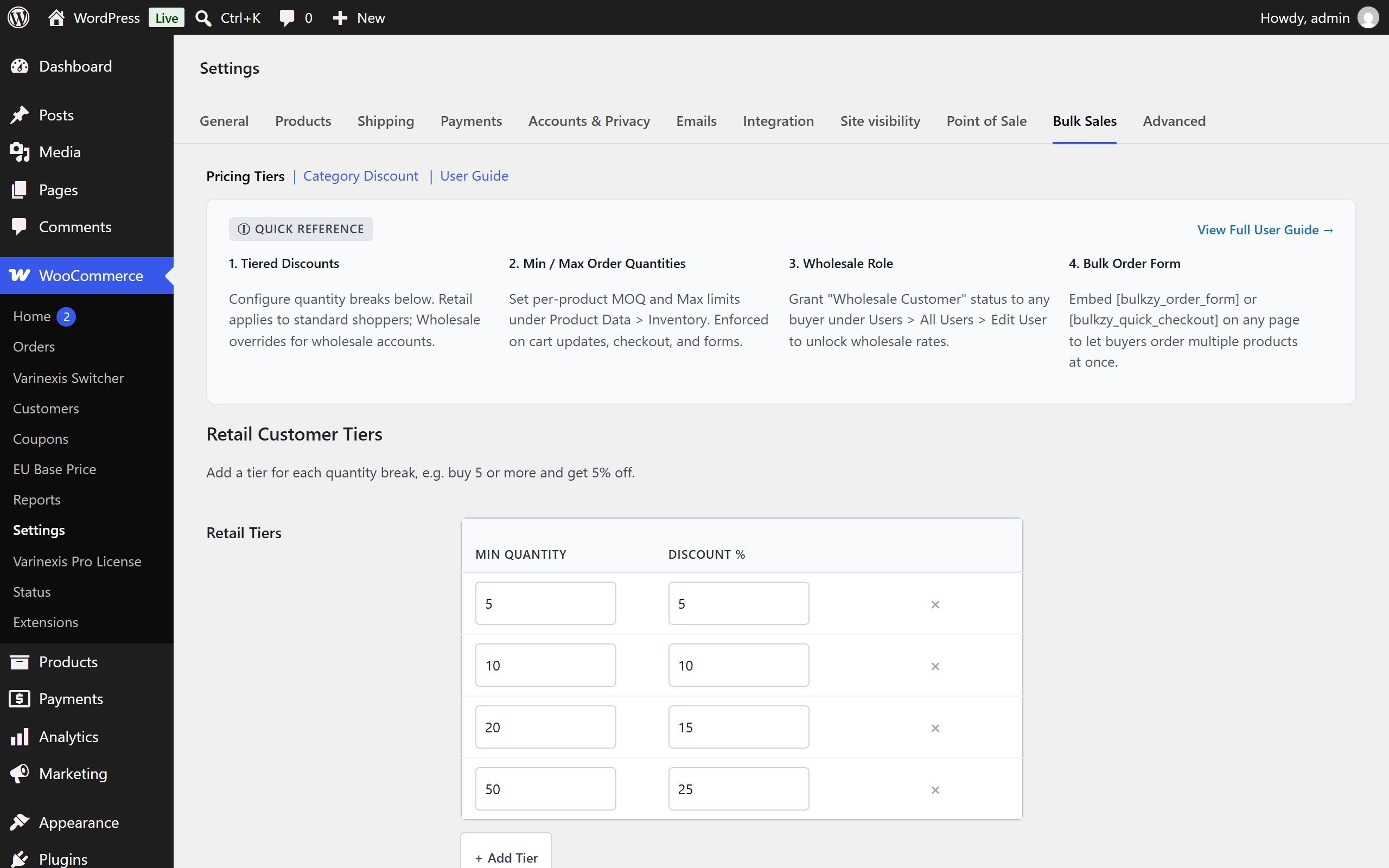 Plugin settings page in WooCommerce dashboard.