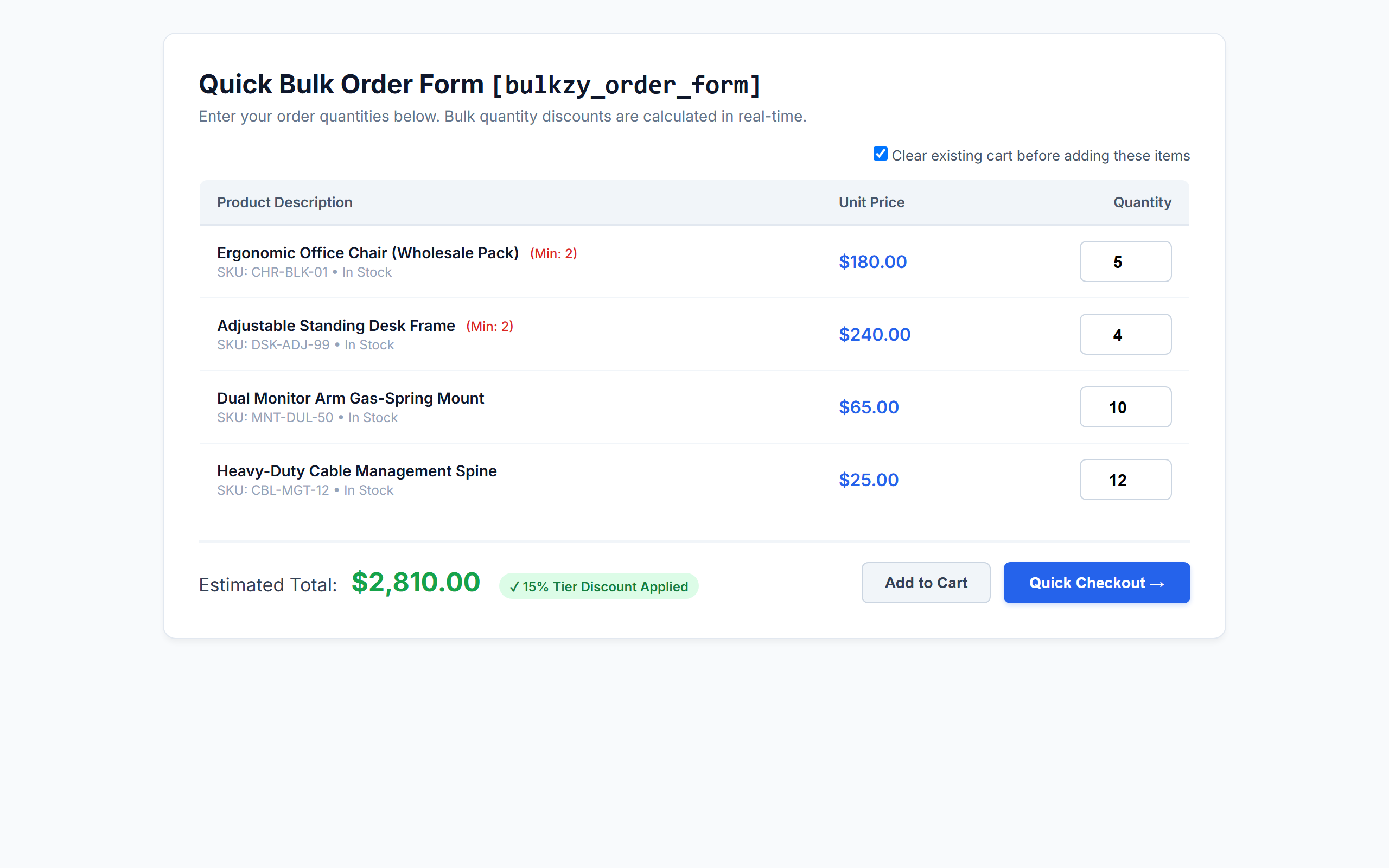 Bulk order form shortcode in action.