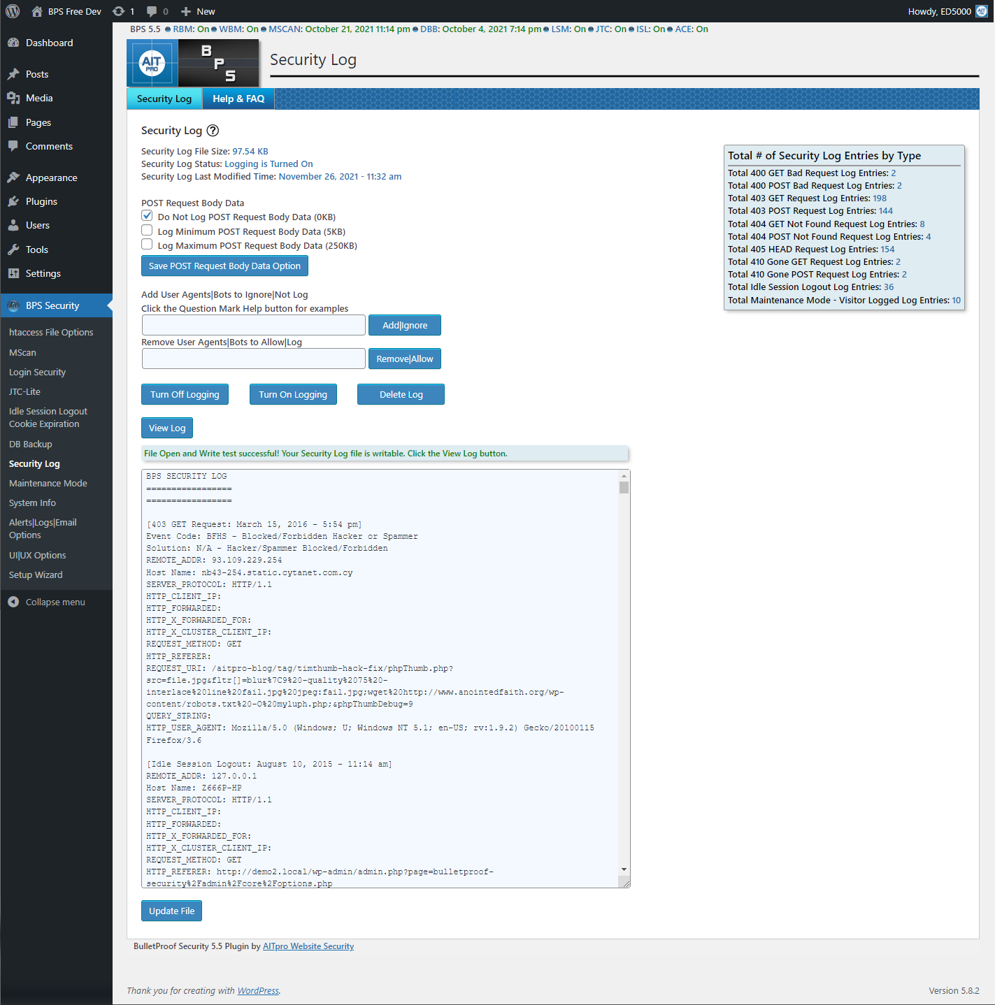 BulletProof Security - Security Log: Logs blocked hackers/spammers &amp; troubleshooting tool