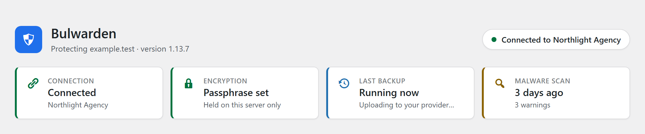 The Bulwarden screen at a glance: whether the site is connected, whether
backups are encrypted, and when the last backup and scan ran.
