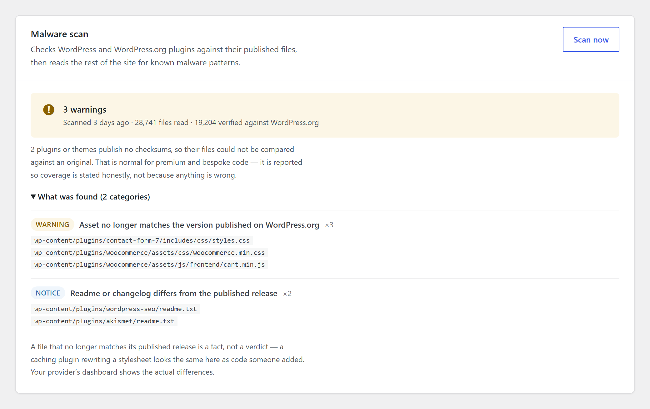 The malware scan: what the last one found, grouped by kind, and how much of
the site could be checked against the files WordPress.org published.