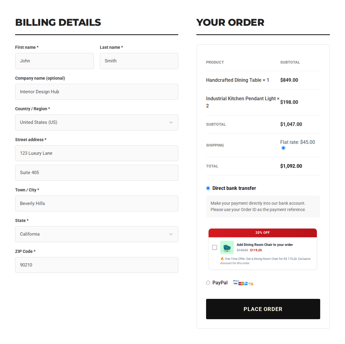 A complete WooCommerce classic checkout with a targeted, discounted BumpMint offer before the Place order button.
