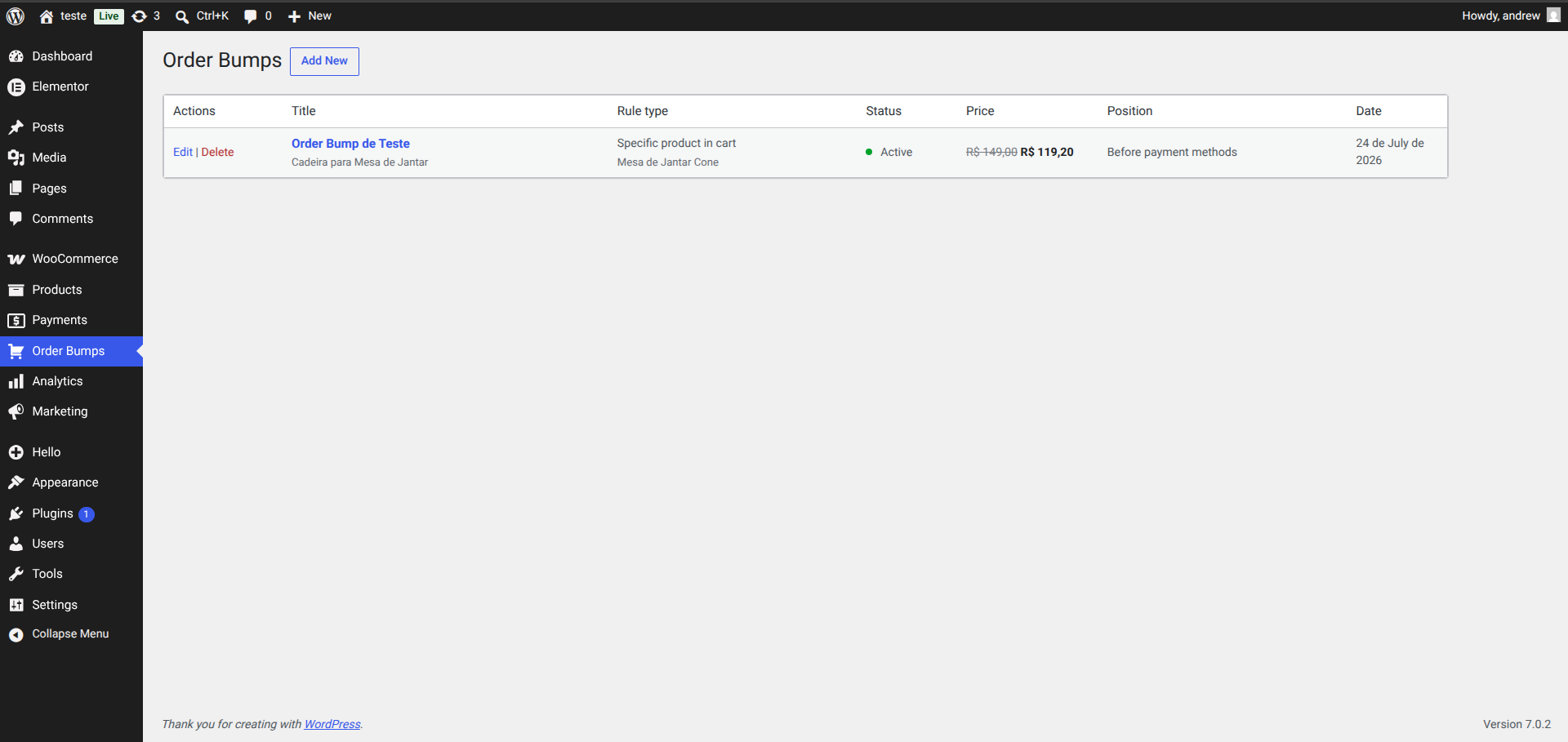 Lightweight WordPress-native order bump list with actions, title, rule, status, price, position, and date.