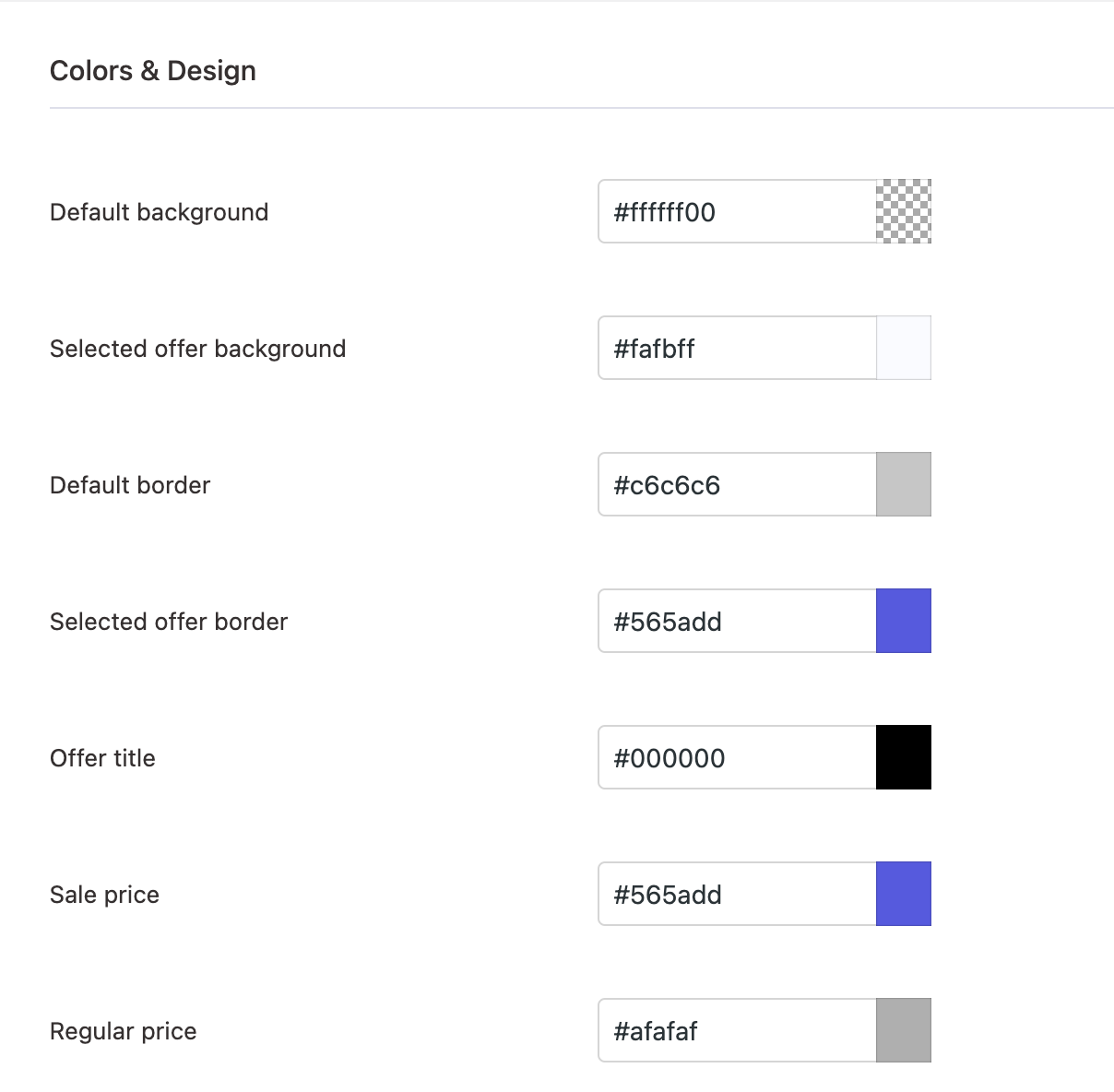 Showing the colors and design settings
