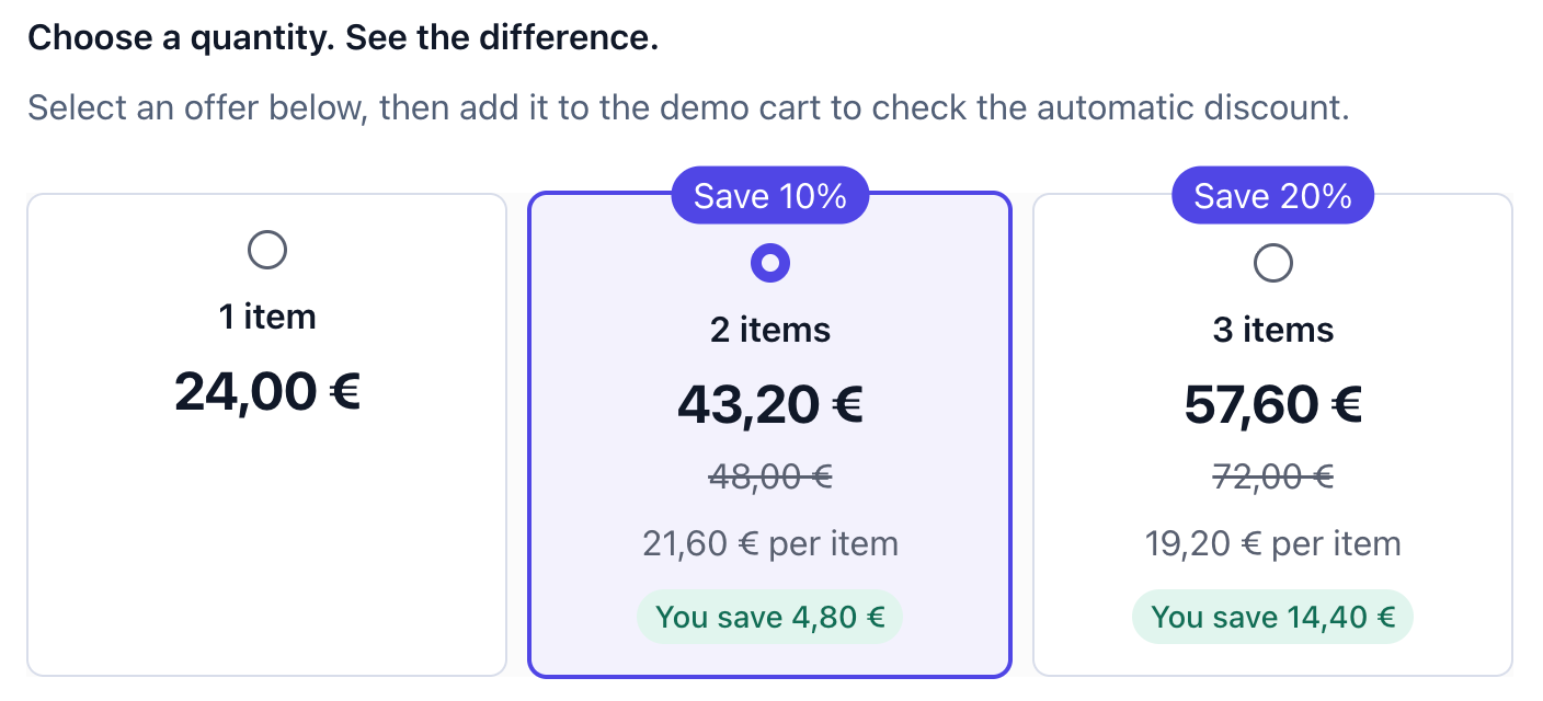 Bundle cards on the product page: 1, 2 or 3 items, each with its price, saving and badge.