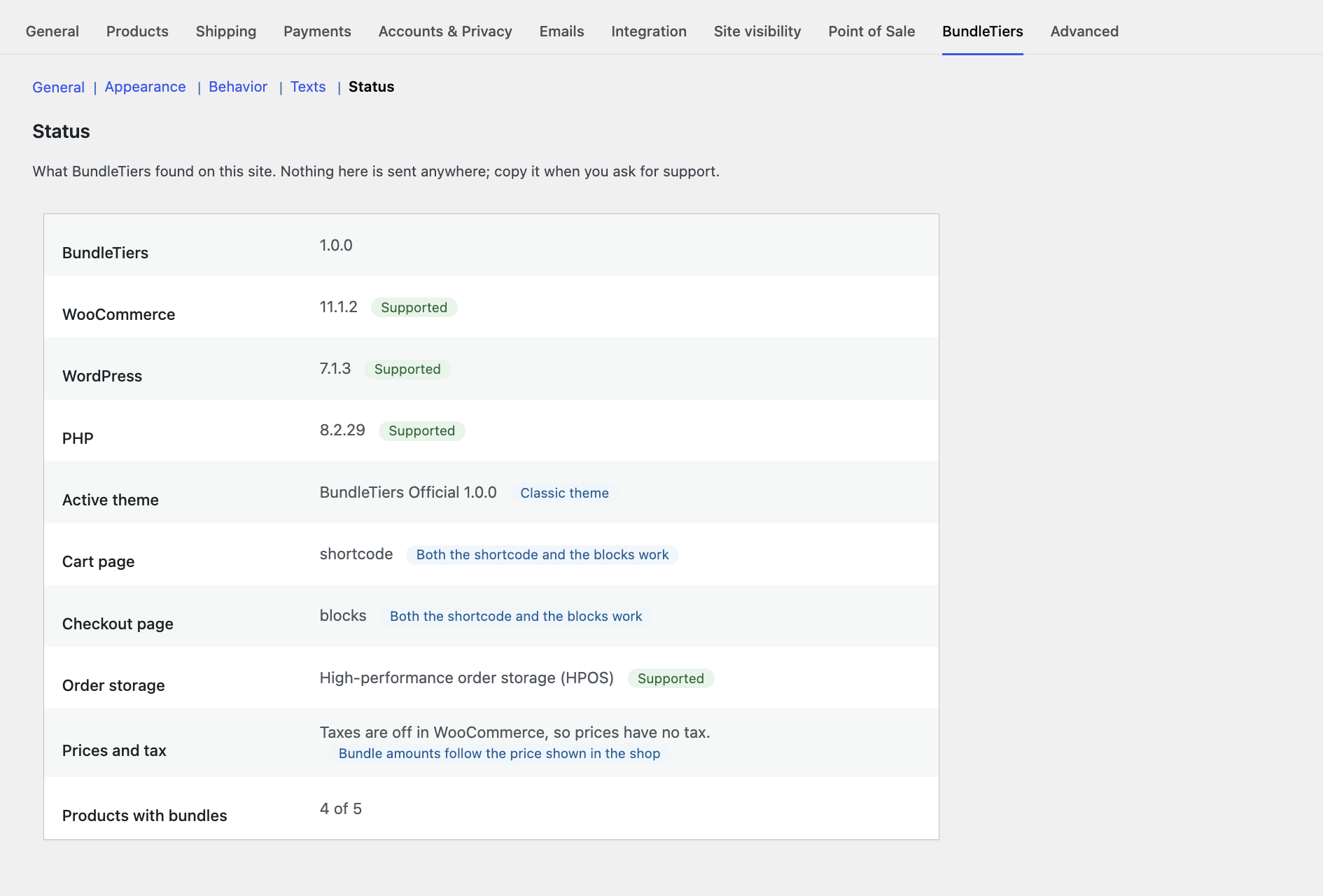 Status screen: what BundleTiers found on your site.
