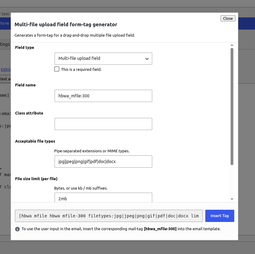 Multi-file form-tag generator in the Contact Form 7 editor