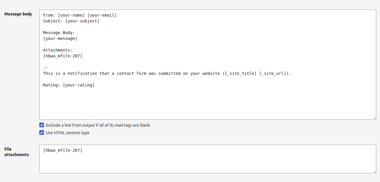 Mail tab showing the multi-file mail-tag in the message body and File attachments fields