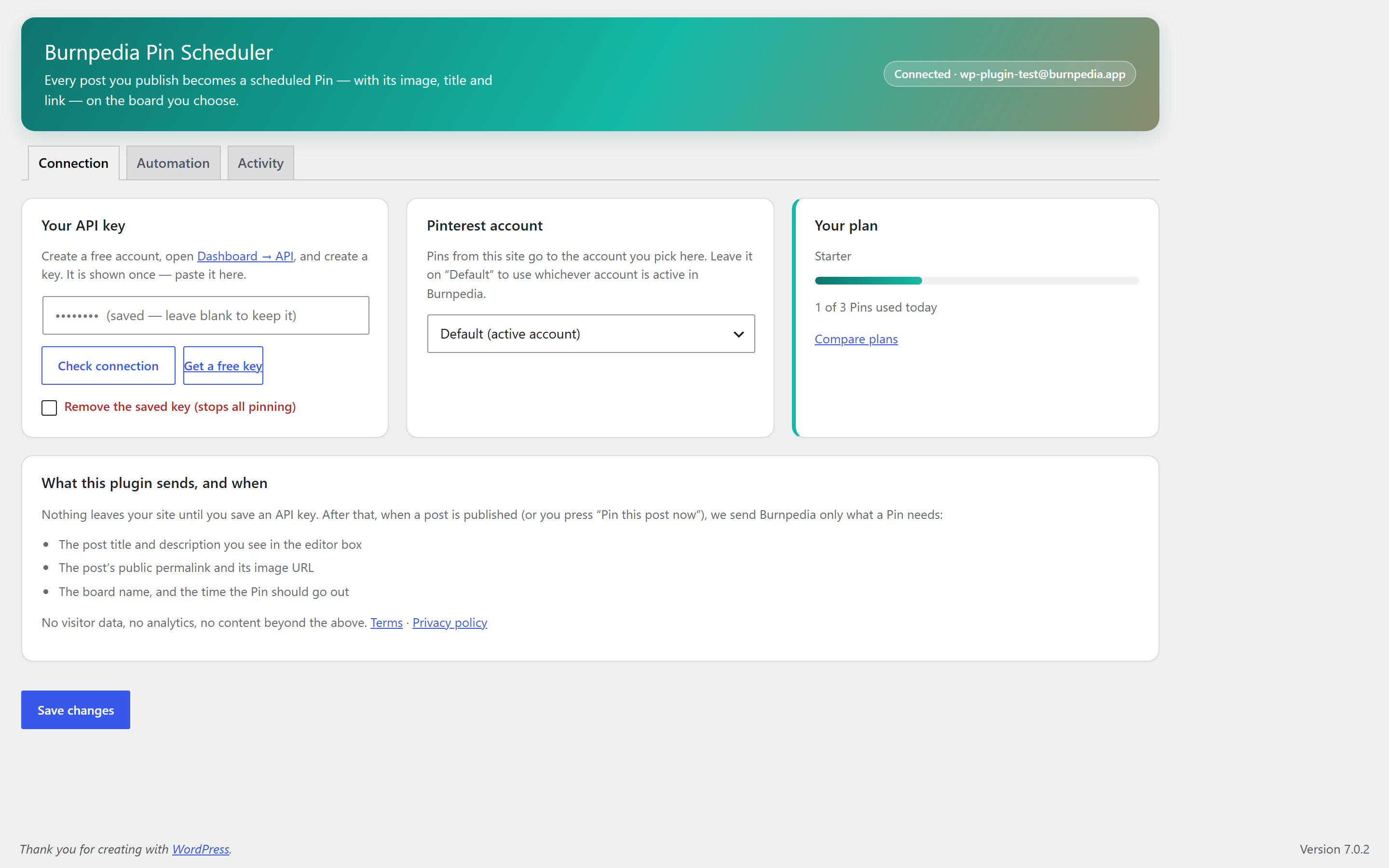 The settings screen: connection status, plan, and today's Pin allowance.