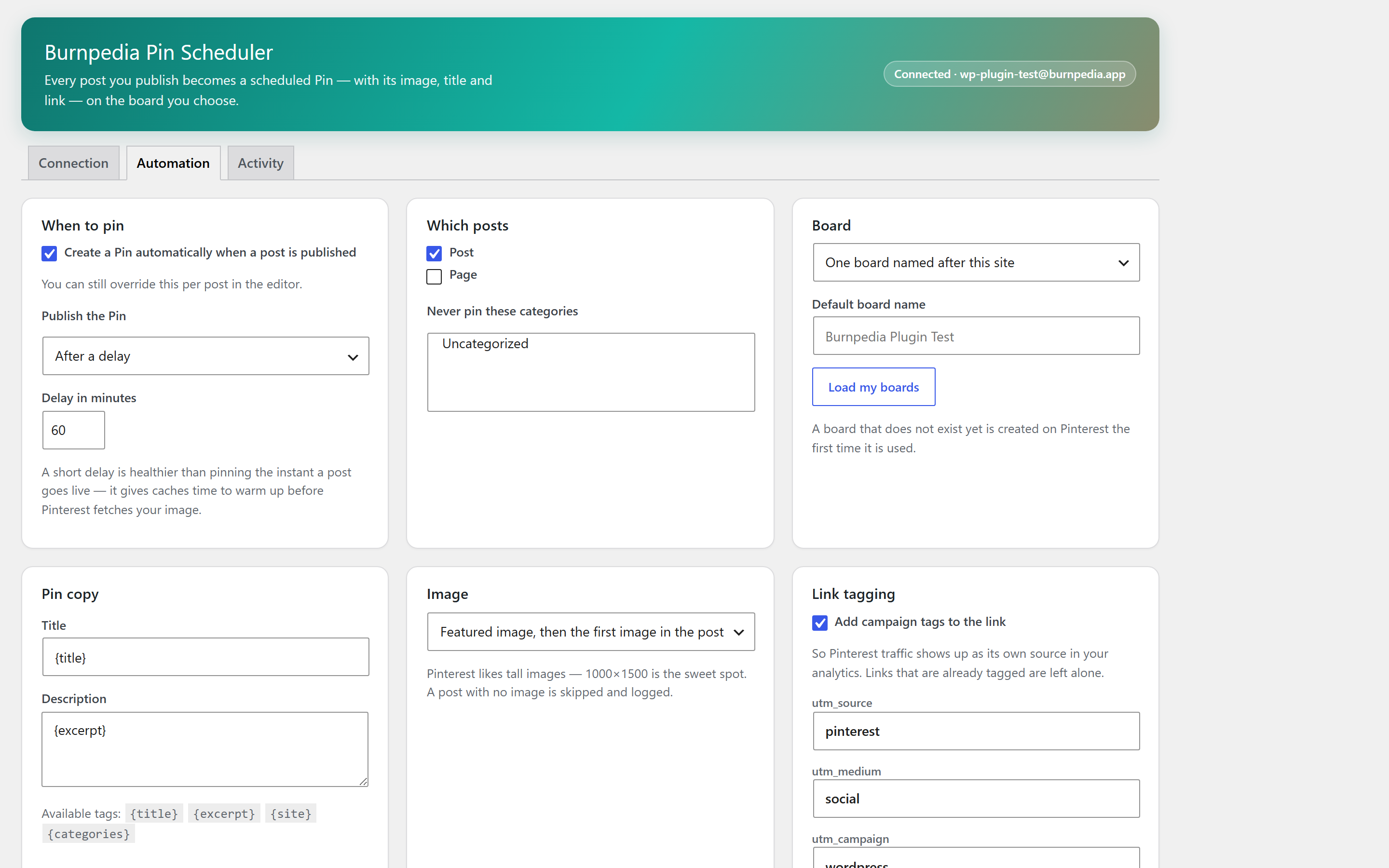 Automation settings — when to pin, which posts, which board.