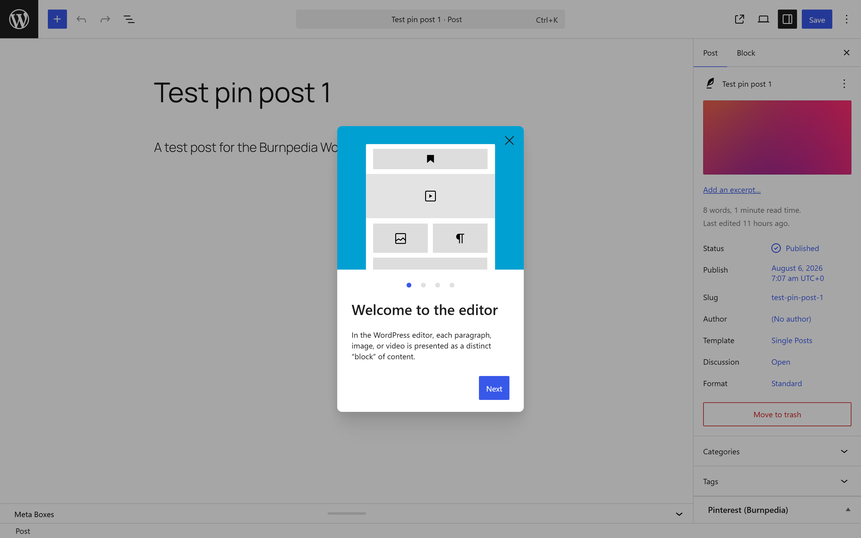 The Pinterest box in the post editor, with per-post title, description and board.