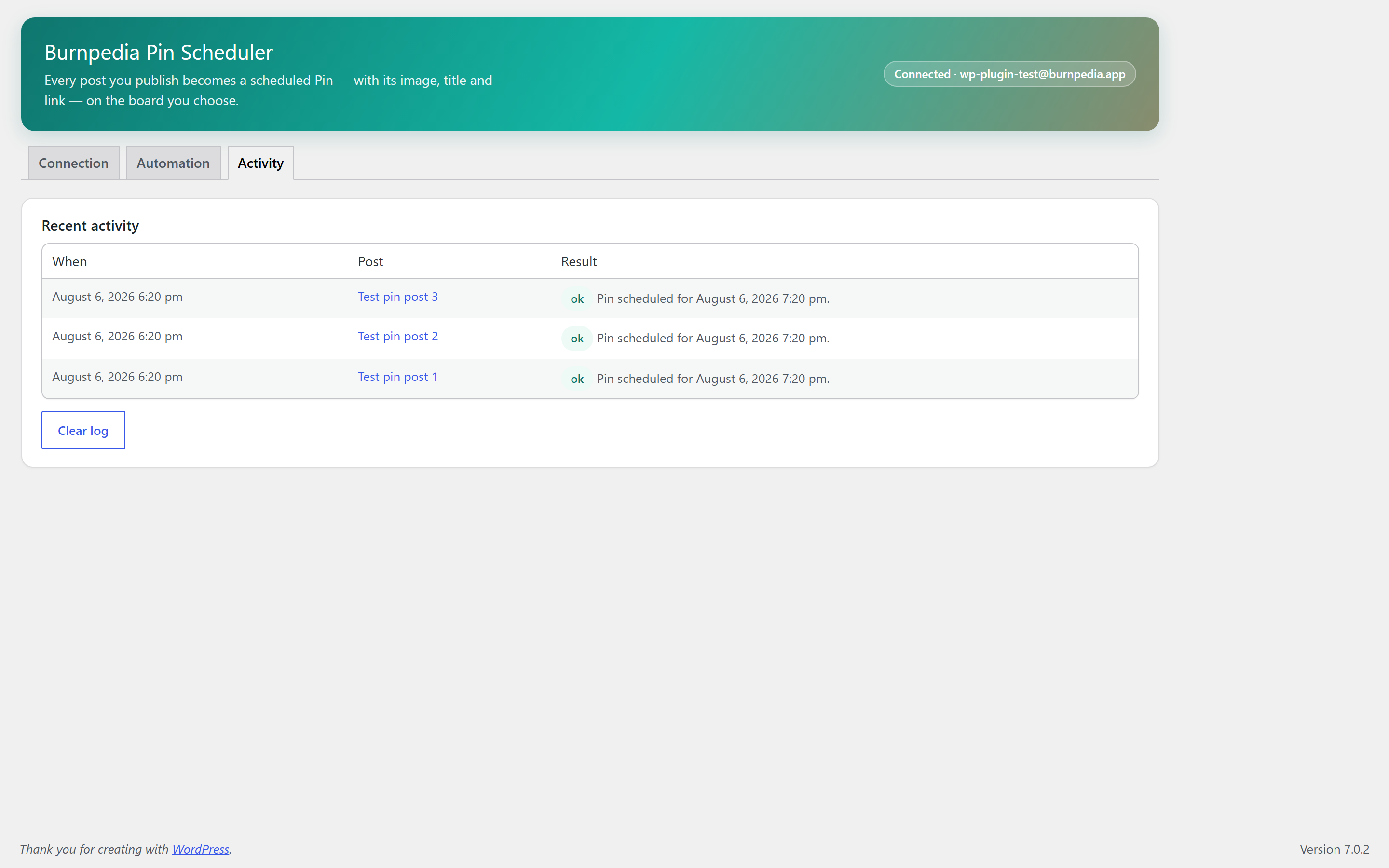 The Activity log: what was pinned, what was skipped, and why.
