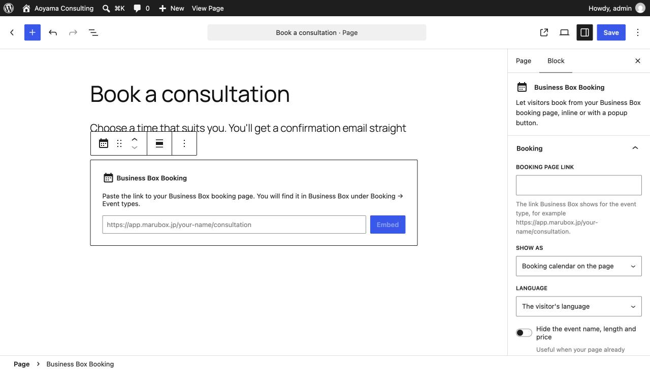 Adding the block: paste the link to your booking page.
