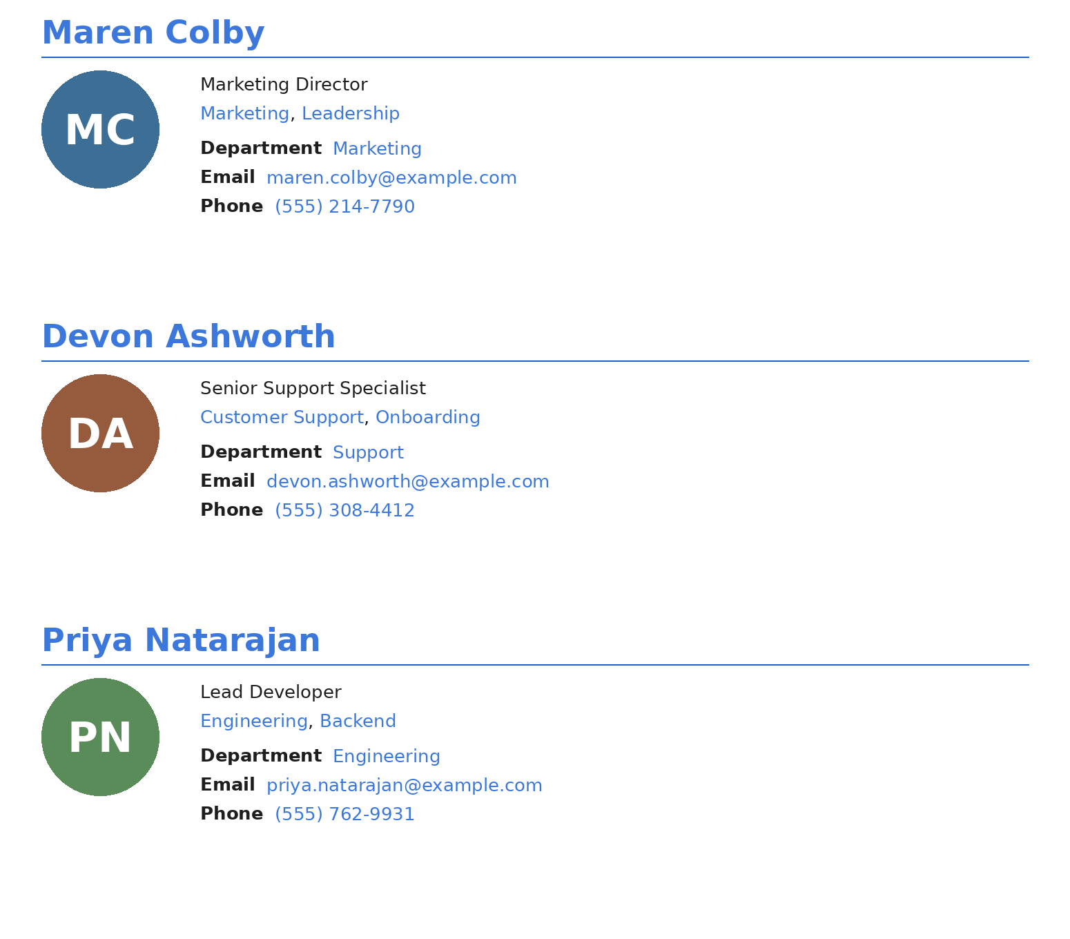 The same plugin used as a staff directory, with employee photos, departments, and contact info.