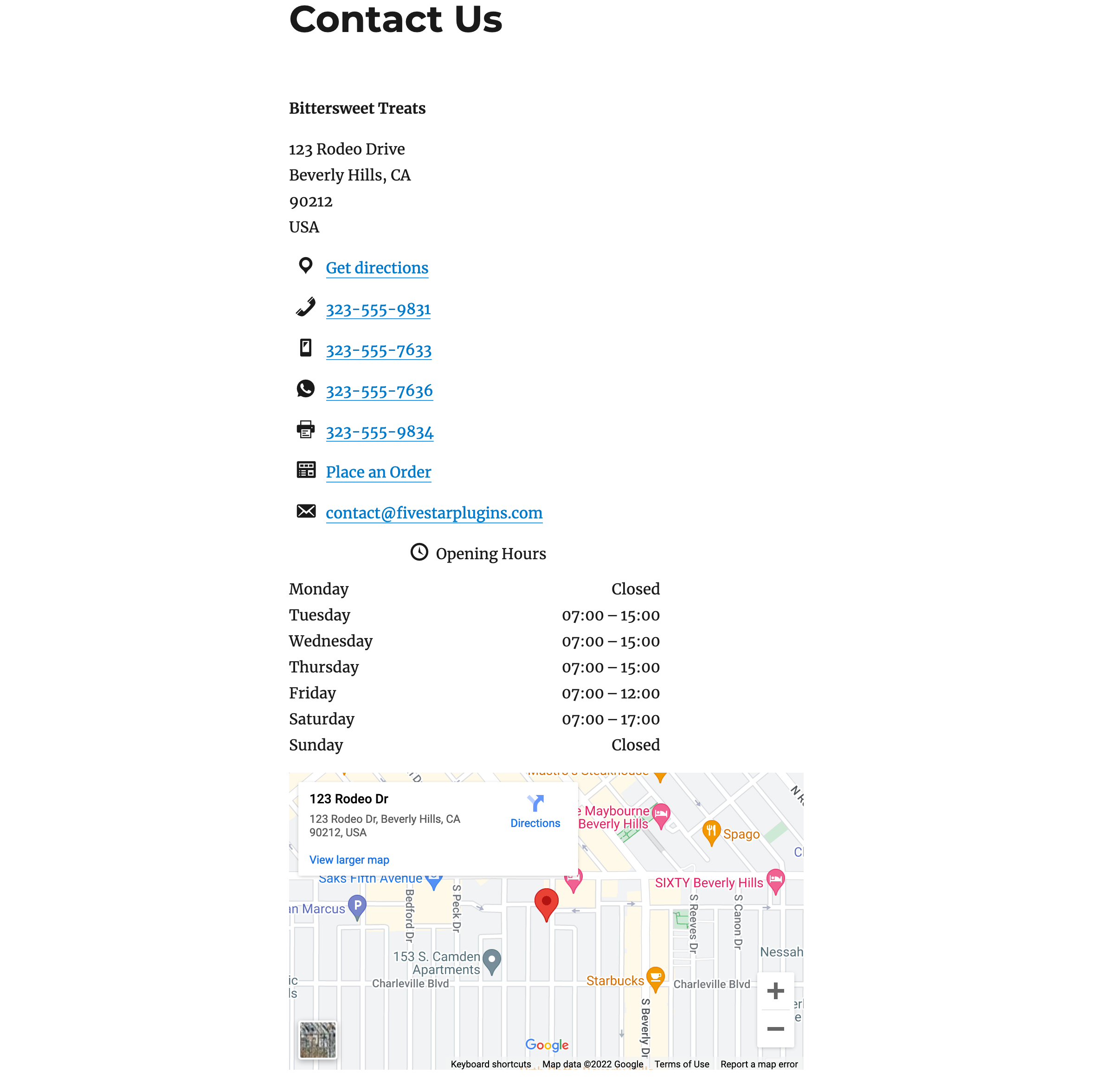 Contact card with all added contact info, opening hours and a map.