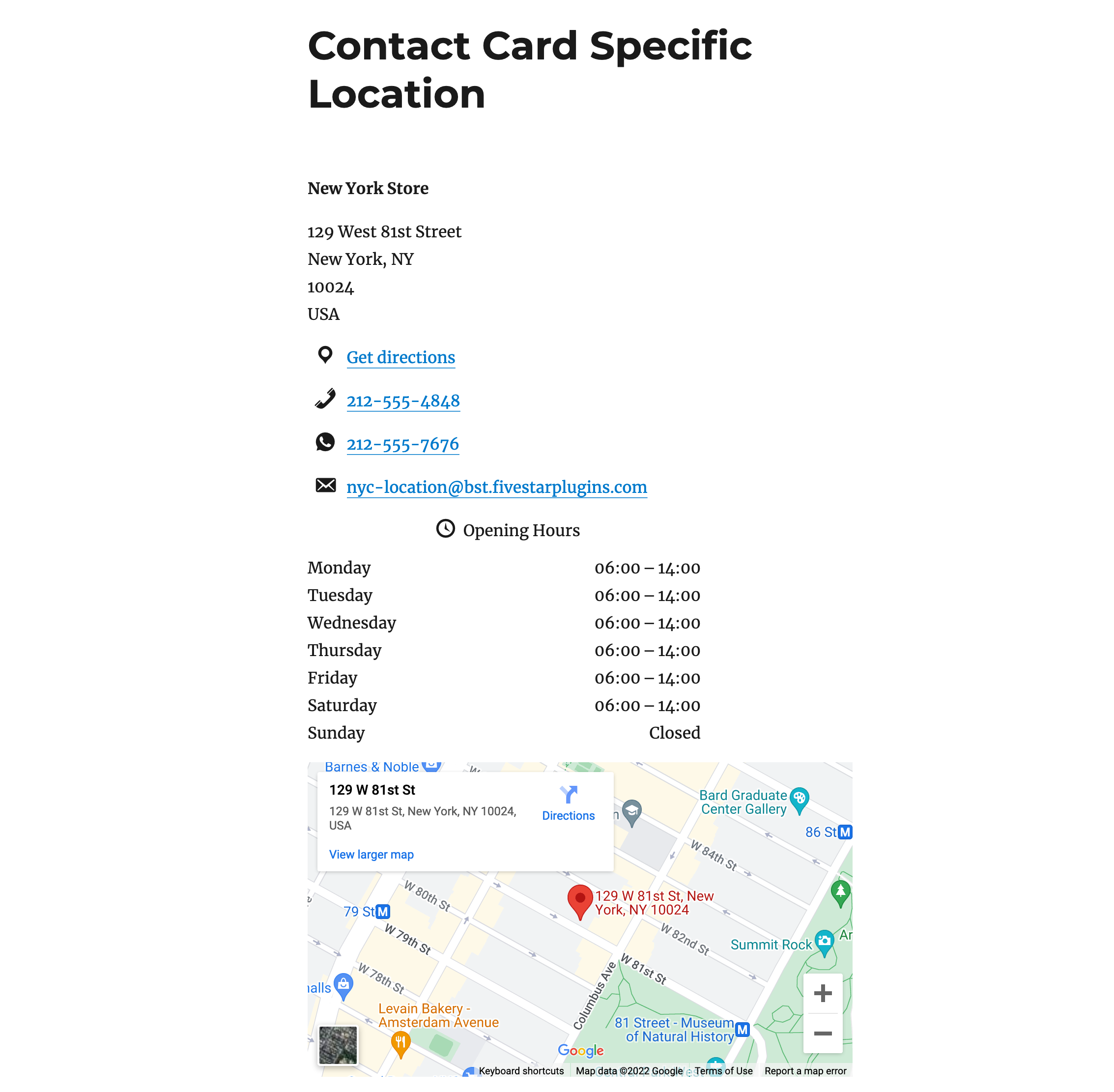 Contact card for a specific location.