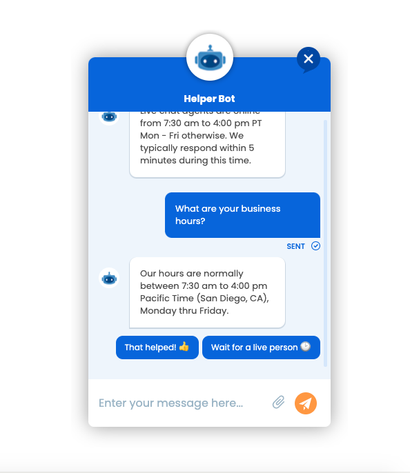 Dramatically reduce support time by setting up a Helper Chatbot to automatically respond to common visitor questions using the power of A.I.