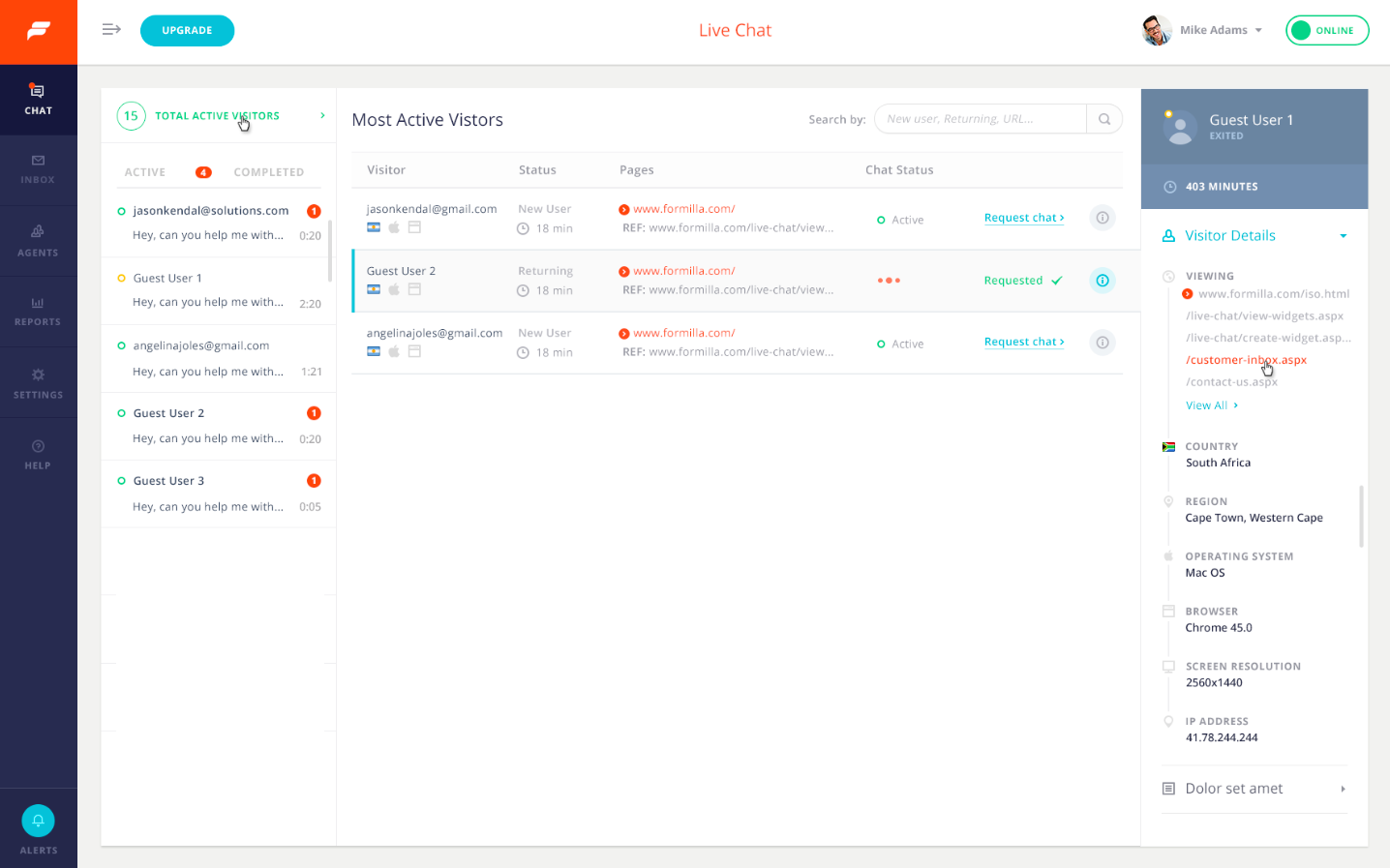 Real-time Visitor Monitoring dashboard where you can monitor your visitors and initiate live chats proactively.