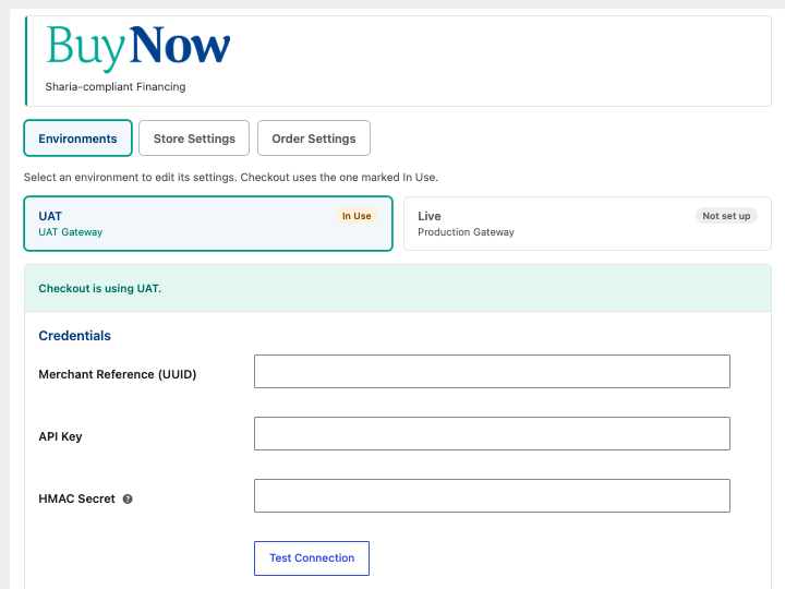 Environments: enter your BuyNow credentials for UAT or Live and test the connection.