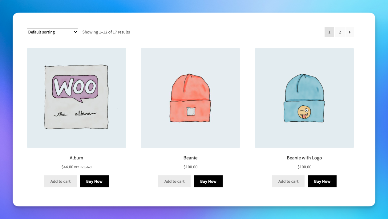 Shop Catalog page with Buy Now button