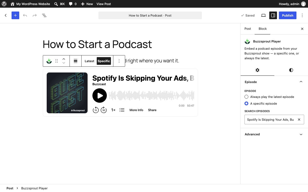 The Buzzsprout Player block — pick any episode with live preview, or set it to always play your latest