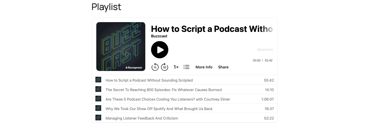 The Episode List block as Buzzsprout's multi-episode playlist player