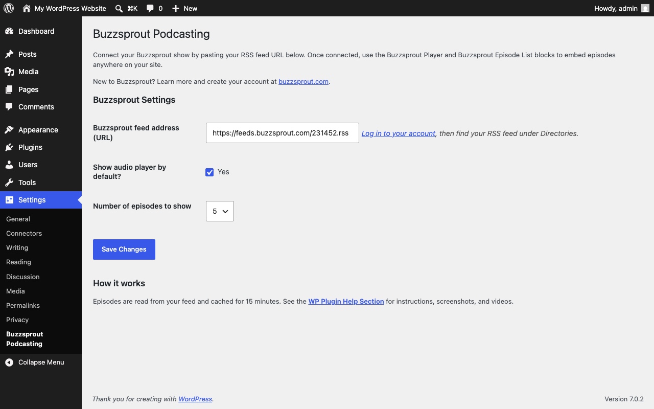 Settings — just paste your RSS feed URL