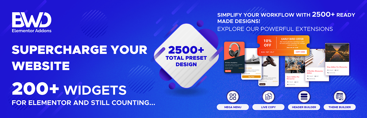 WordPress 外掛 BWD Elementor Addons (2500+ presets, Meet The Team, Lottie, Lord Icon, Masking, Woocommerce, Theme Builder, Products, Blogs, CV, Contact Form 7 Styler, Header, Slider, Hero Section) 的封面圖片。