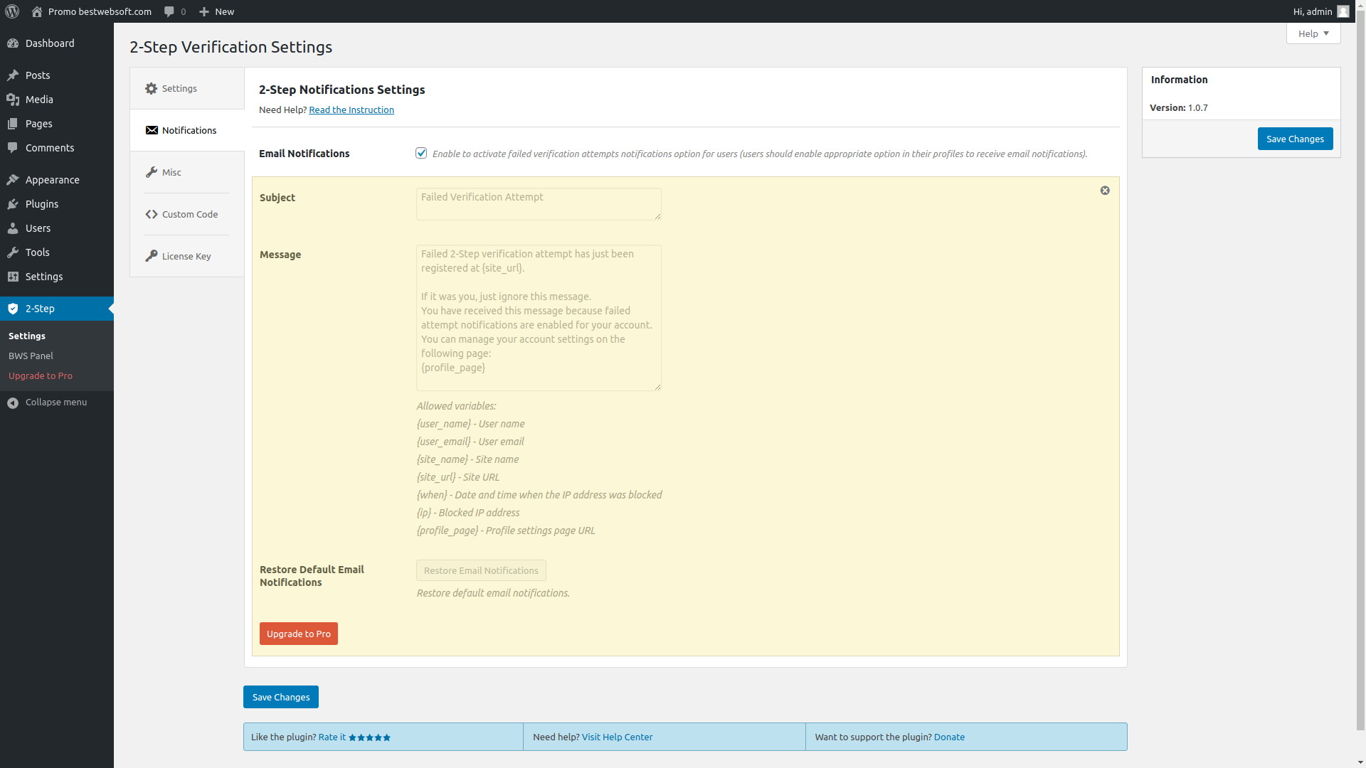 2-Step Verification settings which allow to customize email messages.