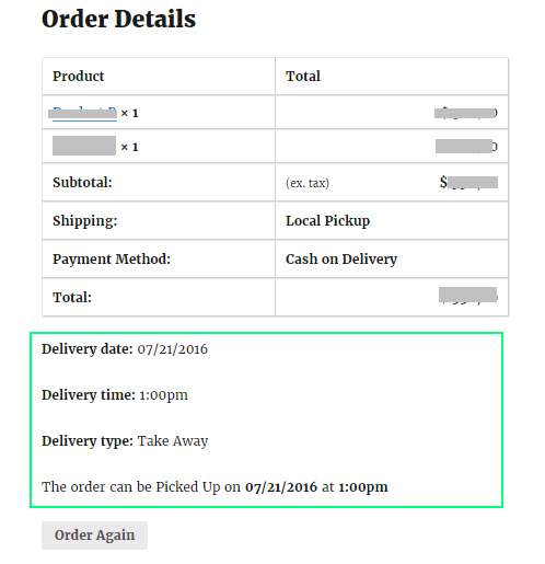 <p>Order details with order type, date and time on front-end customer profile.</p>