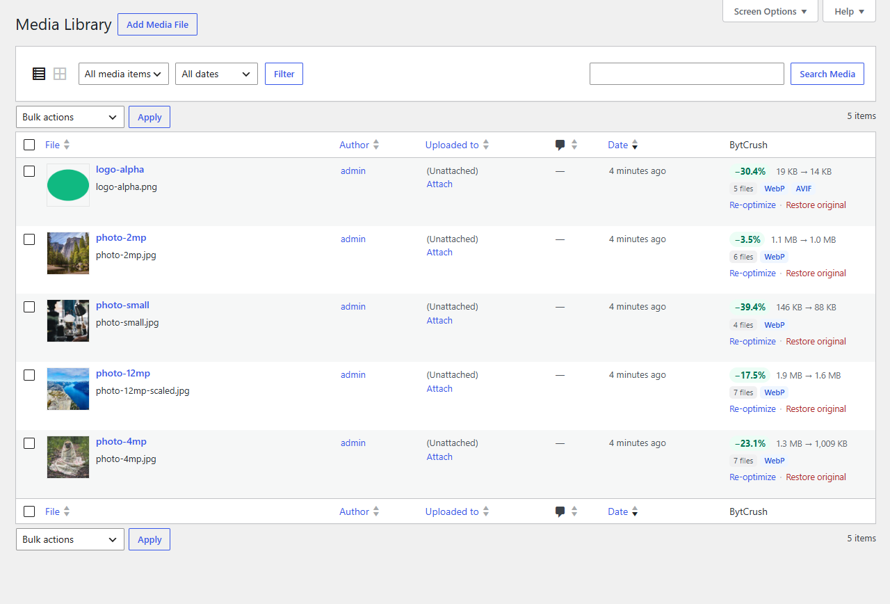 Per-image savings and one-click restore right in the Media Library.